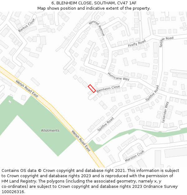 6, BLENHEIM CLOSE, SOUTHAM, CV47 1AF: Location map and indicative extent of plot