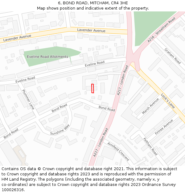 6, BOND ROAD, MITCHAM, CR4 3HE: Location map and indicative extent of plot