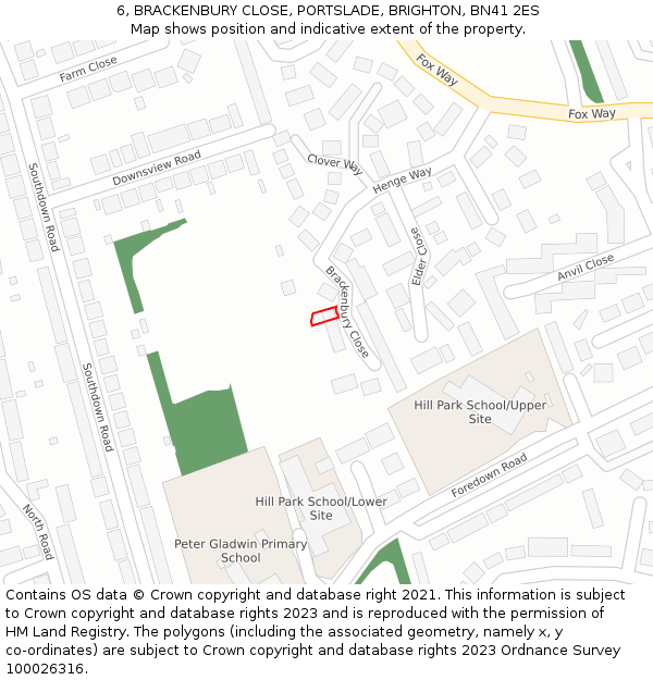 6, BRACKENBURY CLOSE, PORTSLADE, BRIGHTON, BN41 2ES: Location map and indicative extent of plot