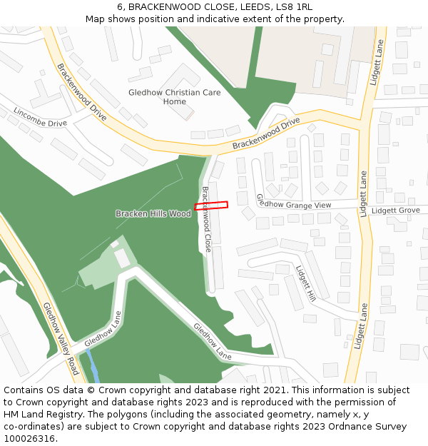 6, BRACKENWOOD CLOSE, LEEDS, LS8 1RL: Location map and indicative extent of plot