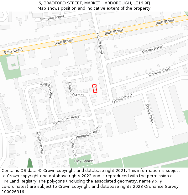 6, BRADFORD STREET, MARKET HARBOROUGH, LE16 9FJ: Location map and indicative extent of plot