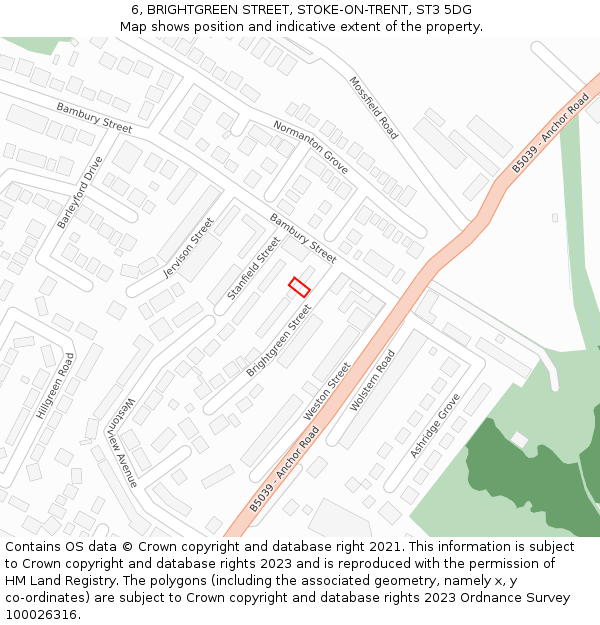 6, BRIGHTGREEN STREET, STOKE-ON-TRENT, ST3 5DG: Location map and indicative extent of plot