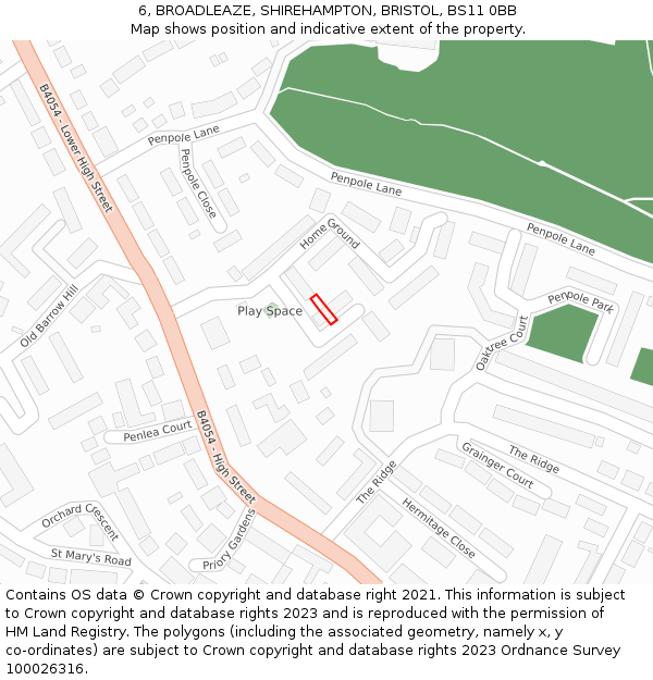 6, BROADLEAZE, SHIREHAMPTON, BRISTOL, BS11 0BB: Location map and indicative extent of plot