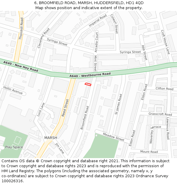 6, BROOMFIELD ROAD, MARSH, HUDDERSFIELD, HD1 4QD: Location map and indicative extent of plot