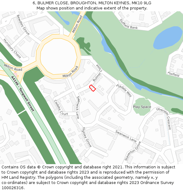 6, BULMER CLOSE, BROUGHTON, MILTON KEYNES, MK10 9LG: Location map and indicative extent of plot