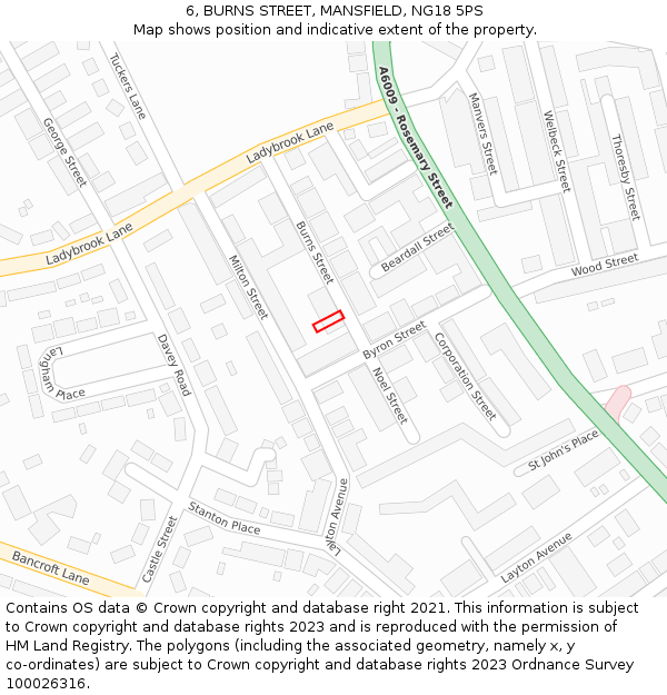 6, BURNS STREET, MANSFIELD, NG18 5PS: Location map and indicative extent of plot