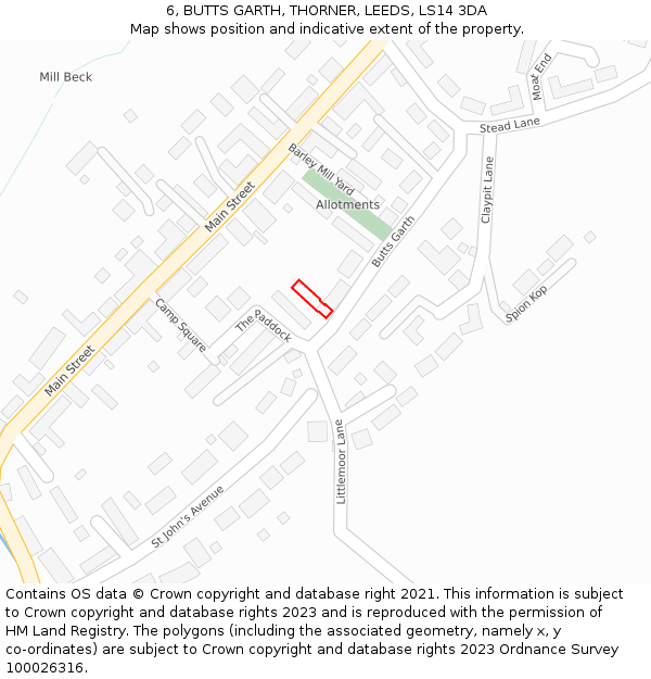 6, BUTTS GARTH, THORNER, LEEDS, LS14 3DA: Location map and indicative extent of plot