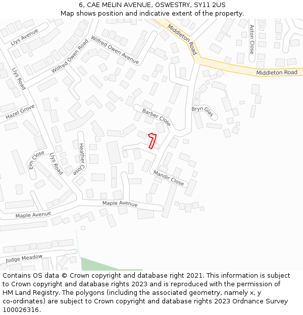 6, CAE MELIN AVENUE, OSWESTRY, SY11 2US: Location map and indicative extent of plot