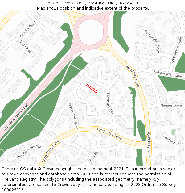 6, CALLEVA CLOSE, BASINGSTOKE, RG22 4TD: Location map and indicative extent of plot