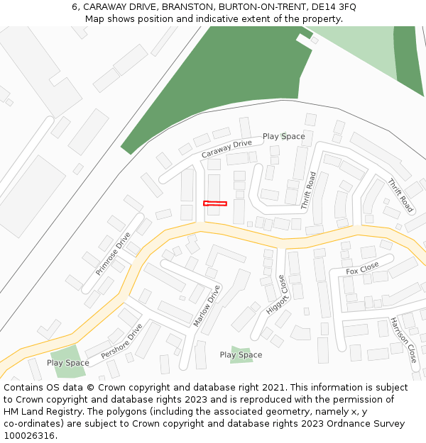 6, CARAWAY DRIVE, BRANSTON, BURTON-ON-TRENT, DE14 3FQ: Location map and indicative extent of plot