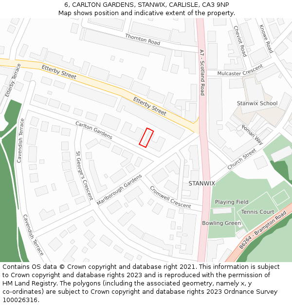6, CARLTON GARDENS, STANWIX, CARLISLE, CA3 9NP: Location map and indicative extent of plot
