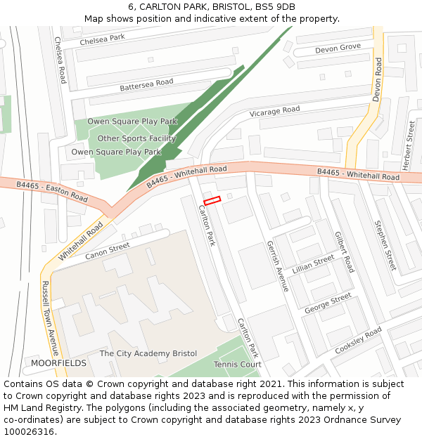 6, CARLTON PARK, BRISTOL, BS5 9DB: Location map and indicative extent of plot