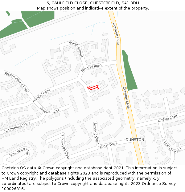 6, CAULFIELD CLOSE, CHESTERFIELD, S41 8DH: Location map and indicative extent of plot
