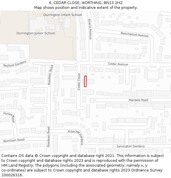 6, CEDAR CLOSE, WORTHING, BN13 2HZ: Location map and indicative extent of plot