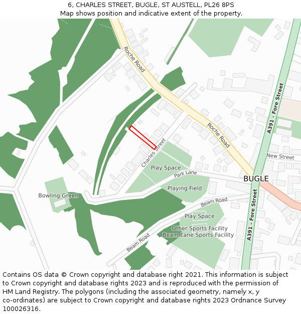 6, CHARLES STREET, BUGLE, ST AUSTELL, PL26 8PS: Location map and indicative extent of plot
