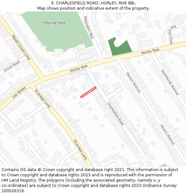 6, CHARLESFIELD ROAD, HORLEY, RH6 8BL: Location map and indicative extent of plot