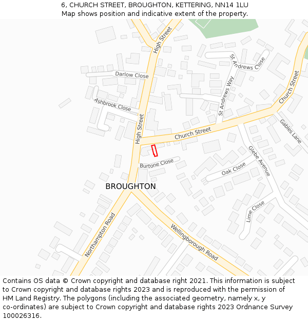 6, CHURCH STREET, BROUGHTON, KETTERING, NN14 1LU: Location map and indicative extent of plot