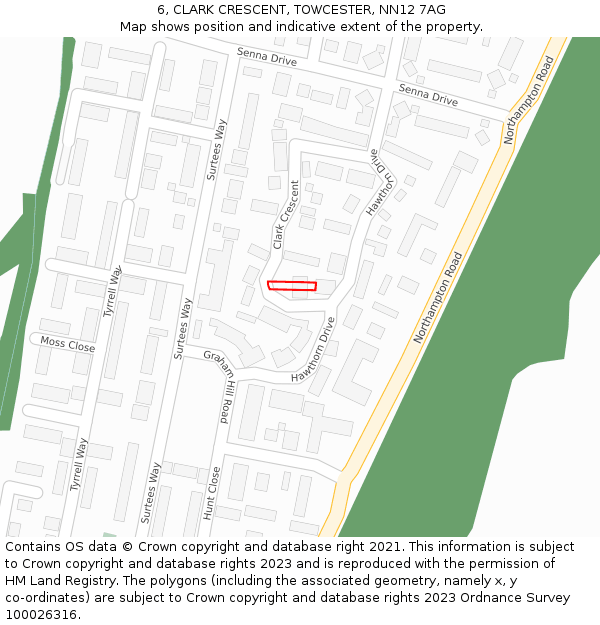 6, CLARK CRESCENT, TOWCESTER, NN12 7AG: Location map and indicative extent of plot