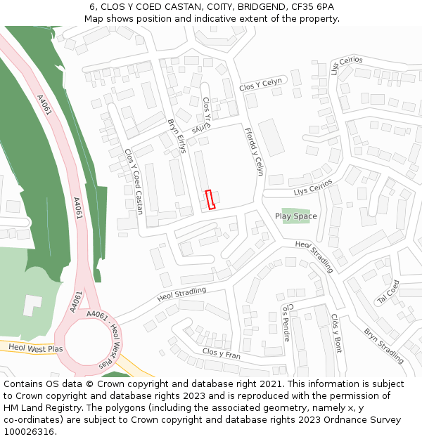 6, CLOS Y COED CASTAN, COITY, BRIDGEND, CF35 6PA: Location map and indicative extent of plot