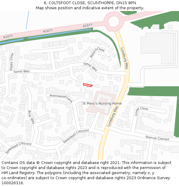 6, COLTSFOOT CLOSE, SCUNTHORPE, DN15 8PN: Location map and indicative extent of plot