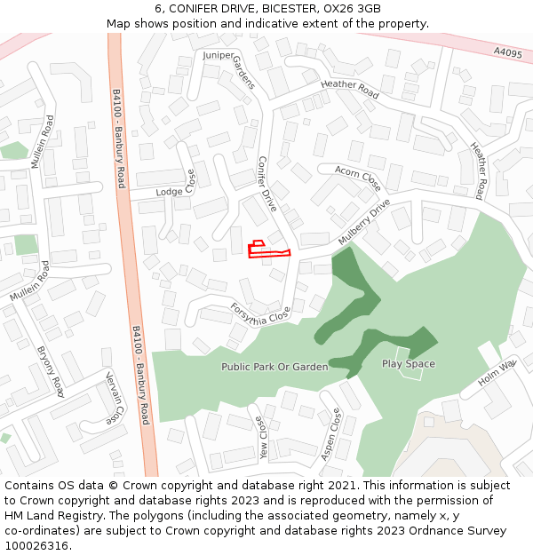 6, CONIFER DRIVE, BICESTER, OX26 3GB: Location map and indicative extent of plot