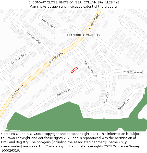 6, CONWAY CLOSE, RHOS ON SEA, COLWYN BAY, LL28 4YE: Location map and indicative extent of plot