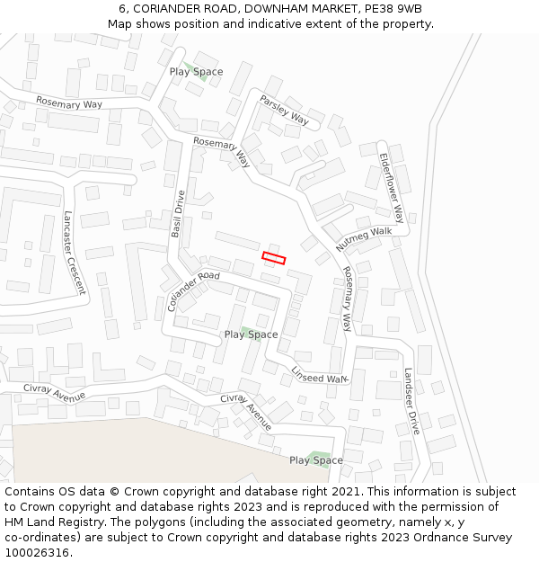 6, CORIANDER ROAD, DOWNHAM MARKET, PE38 9WB: Location map and indicative extent of plot