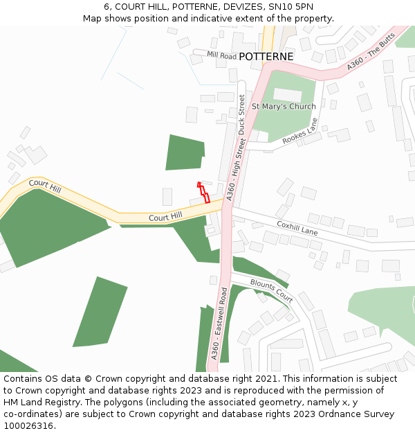 6, COURT HILL, POTTERNE, DEVIZES, SN10 5PN: Location map and indicative extent of plot