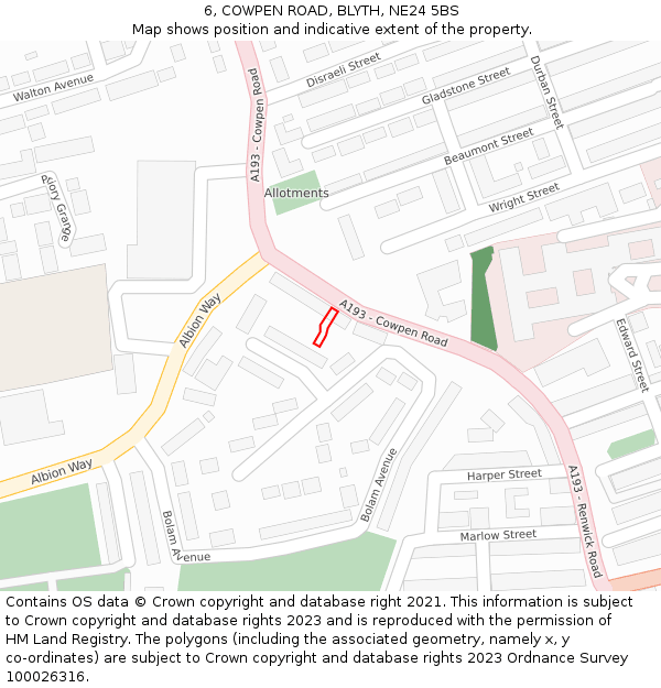 6, COWPEN ROAD, BLYTH, NE24 5BS: Location map and indicative extent of plot
