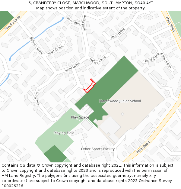 6, CRANBERRY CLOSE, MARCHWOOD, SOUTHAMPTON, SO40 4YT: Location map and indicative extent of plot