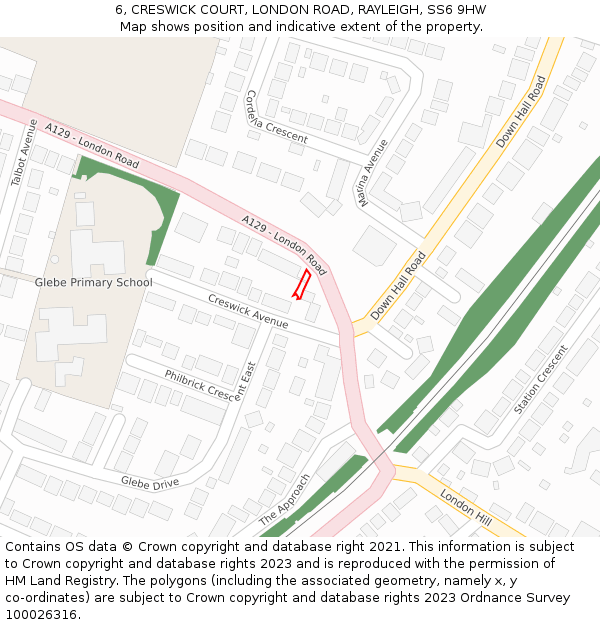 6, CRESWICK COURT, LONDON ROAD, RAYLEIGH, SS6 9HW: Location map and indicative extent of plot