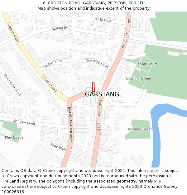 6, CROSTON ROAD, GARSTANG, PRESTON, PR3 1FL: Location map and indicative extent of plot