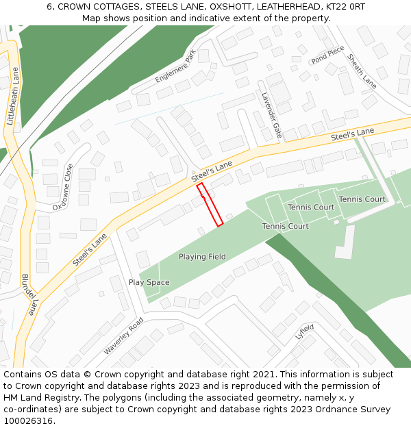 6, CROWN COTTAGES, STEELS LANE, OXSHOTT, LEATHERHEAD, KT22 0RT: Location map and indicative extent of plot