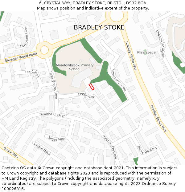 6, CRYSTAL WAY, BRADLEY STOKE, BRISTOL, BS32 8GA: Location map and indicative extent of plot