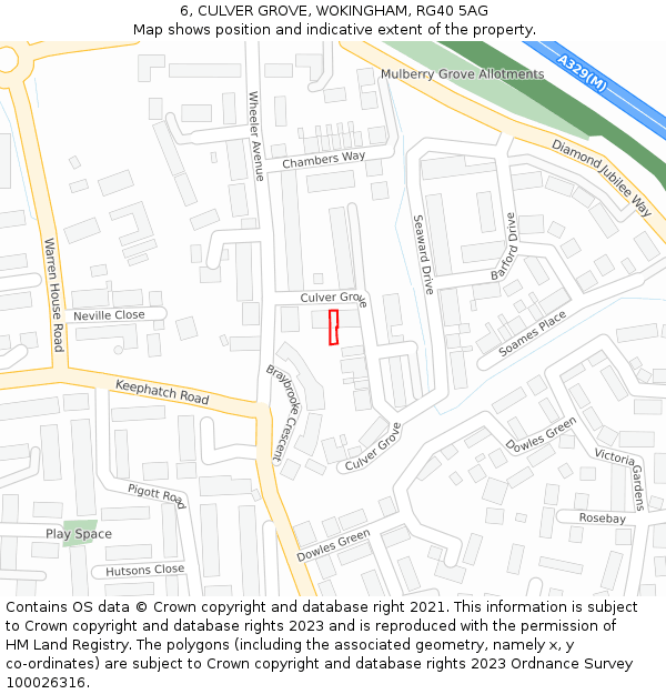 6, CULVER GROVE, WOKINGHAM, RG40 5AG: Location map and indicative extent of plot
