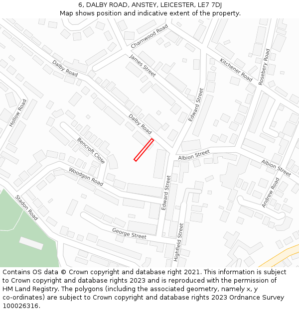 6, DALBY ROAD, ANSTEY, LEICESTER, LE7 7DJ: Location map and indicative extent of plot