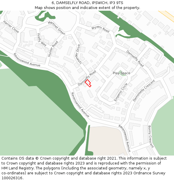 6, DAMSELFLY ROAD, IPSWICH, IP3 9TS: Location map and indicative extent of plot