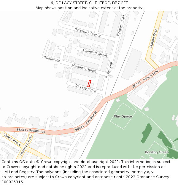 6, DE LACY STREET, CLITHEROE, BB7 2EE: Location map and indicative extent of plot