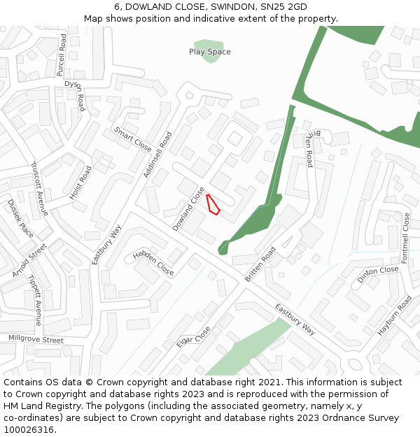 6, DOWLAND CLOSE, SWINDON, SN25 2GD: Location map and indicative extent of plot