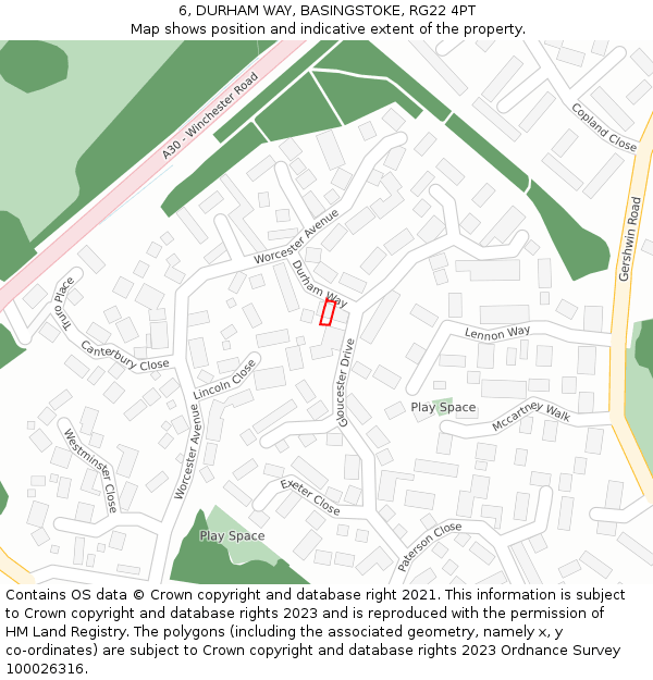 6, DURHAM WAY, BASINGSTOKE, RG22 4PT: Location map and indicative extent of plot