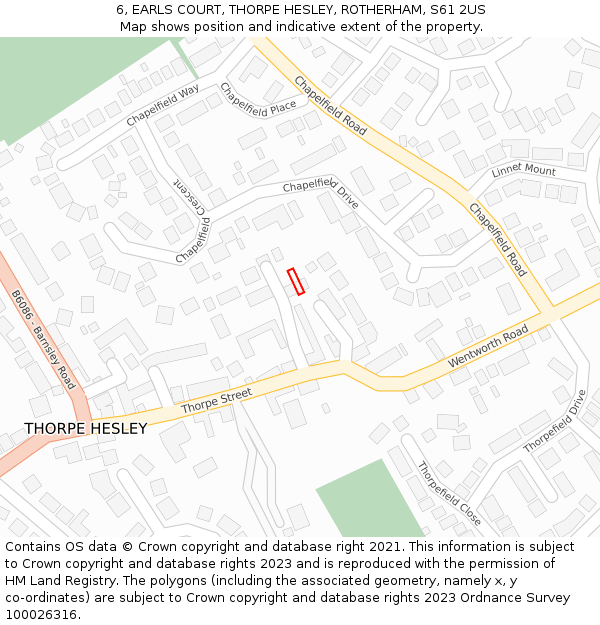 6, EARLS COURT, THORPE HESLEY, ROTHERHAM, S61 2US: Location map and indicative extent of plot
