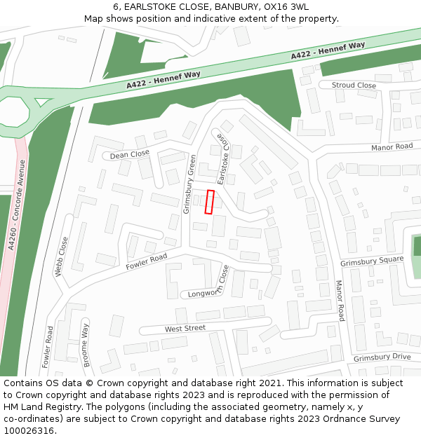 6, EARLSTOKE CLOSE, BANBURY, OX16 3WL: Location map and indicative extent of plot