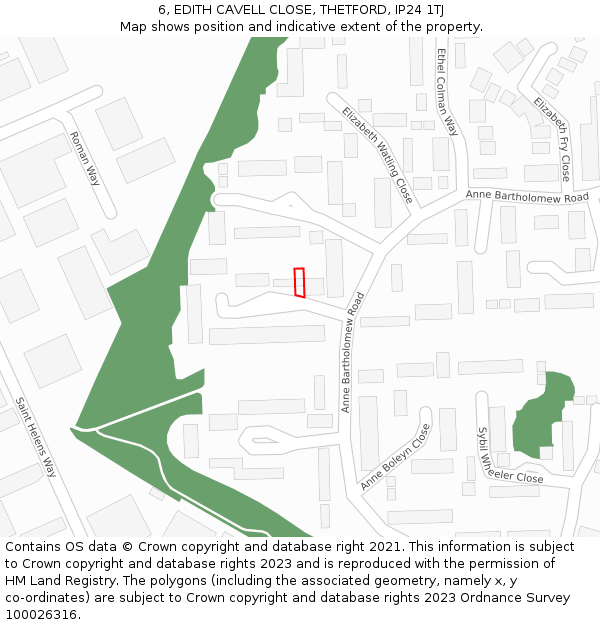 6, EDITH CAVELL CLOSE, THETFORD, IP24 1TJ: Location map and indicative extent of plot