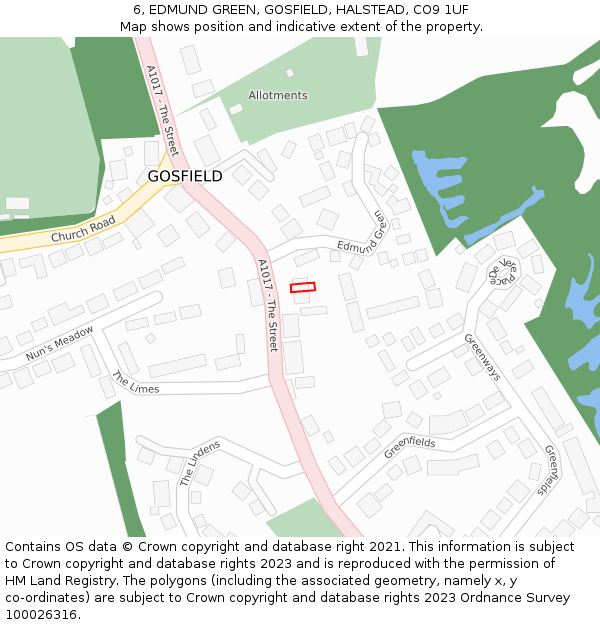 6, EDMUND GREEN, GOSFIELD, HALSTEAD, CO9 1UF: Location map and indicative extent of plot