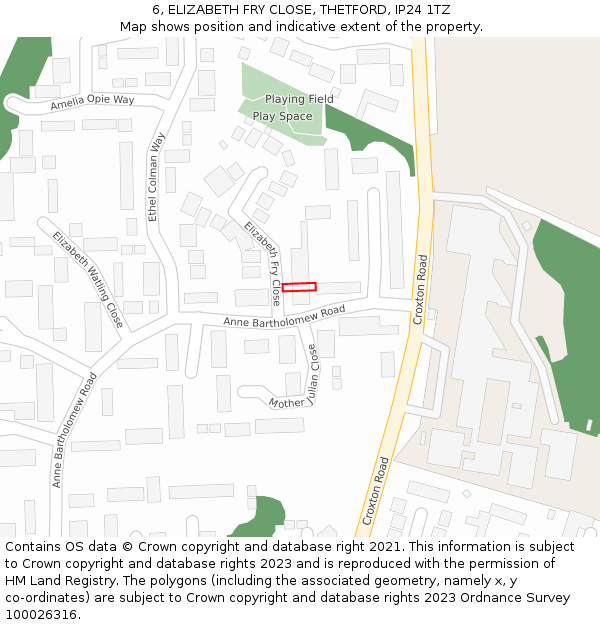 6, ELIZABETH FRY CLOSE, THETFORD, IP24 1TZ: Location map and indicative extent of plot