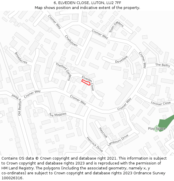 6, ELVEDEN CLOSE, LUTON, LU2 7FF: Location map and indicative extent of plot