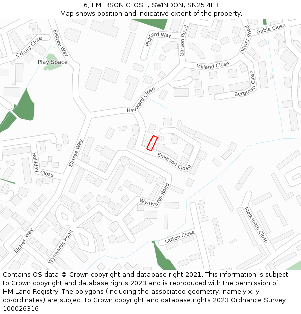 6, EMERSON CLOSE, SWINDON, SN25 4FB: Location map and indicative extent of plot