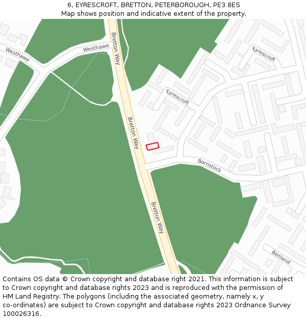 6, EYRESCROFT, BRETTON, PETERBOROUGH, PE3 8ES: Location map and indicative extent of plot