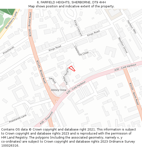 6, FAIRFIELD HEIGHTS, SHERBORNE, DT9 4HH: Location map and indicative extent of plot