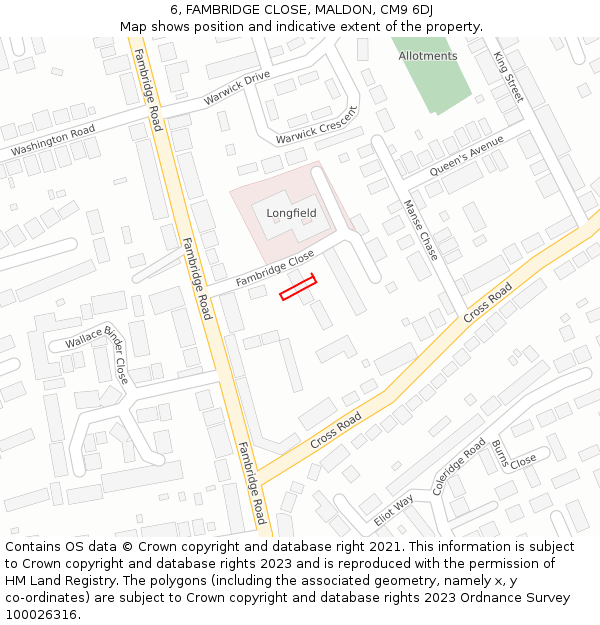 6, FAMBRIDGE CLOSE, MALDON, CM9 6DJ: Location map and indicative extent of plot
